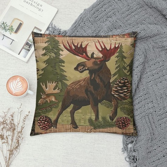 PHYHOO Rustic Moose Cushion Covers ,Countryside Theme Pillow Covers for Men Boys,Patchwork Buffalo Plaid Throw Pillow Covers,Boho Tribal Decorative Pillow Covers