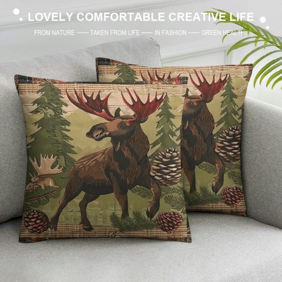 PHYHOO Rustic Moose Cushion Covers ,Countryside Theme Pillow Covers for Men Boys,Patchwork Buffalo Plaid Throw Pillow Covers,Boho Tribal Decorative Pillow Covers