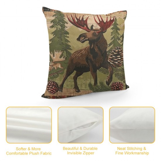 PHYHOO Rustic Moose Cushion Covers ,Countryside Theme Pillow Covers for Men Boys,Patchwork Buffalo Plaid Throw Pillow Covers,Boho Tribal Decorative Pillow Covers