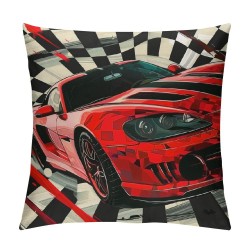 PHYHOO Red Pillow Cover , Throw Pillow Cover for Bed Sofa Couch, Cushion Case, Black White Grids Car Theme Decorative Square Pillow Case