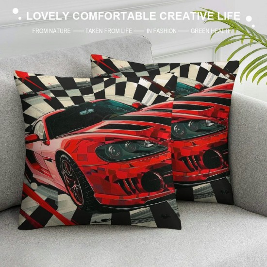 PHYHOO Red Pillow Cover , Throw Pillow Cover for Bed Sofa Couch, Cushion Case, Black White Grids Car Theme Decorative Square Pillow Case