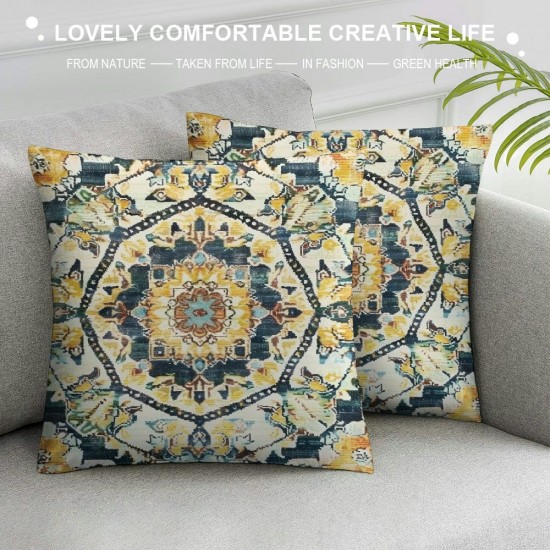 Boho Pillow&nbsp;Covers, Teal Blue Mandala Throw&nbsp;Pillow&nbsp;Covers For Men Women, Retro Yellow Floral Exotic Bohemian Cushion&nbsp;Covers, Vintage Cushion Cases