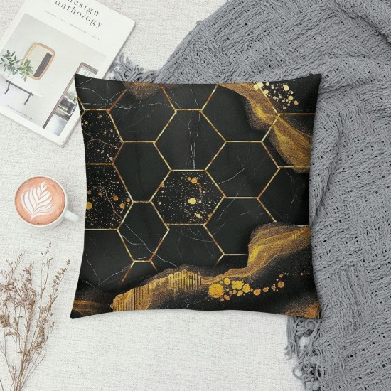 PHYHOO Marble Throw Pillow Covers , Black Grey Geometric Gold Plaid Cushion Covers, Modern Decorative Accent Pillow Cases Metallic Stripe Hexagon Grid Pillow Covers,