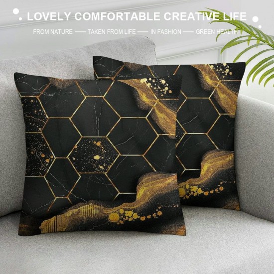 PHYHOO Marble Throw Pillow Covers , Black Grey Geometric Gold Plaid Cushion Covers, Modern Decorative Accent Pillow Cases Metallic Stripe Hexagon Grid Pillow Covers,