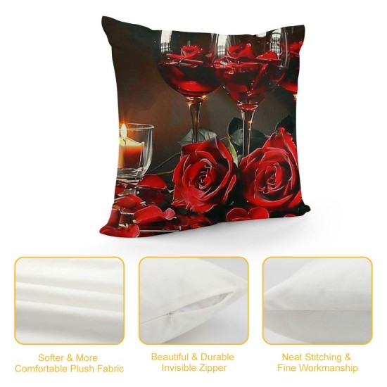 PHYHOO Rose Wine Pillow Covers Red Black Rose Throw Pillow Covers Floral Blossom Cushion Cases Banquet Flower Romantic Valentine'S Day Decor Square Pillow Cases For Women Men Adult