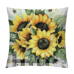 PHYHOO Sunflower Throw Pillow Covers , Pillow Covers, Farmhouse Yellow Floral Wild Botanical Black White Stripe Cushion Covers, Rustic Garden Plants Cushion Cases