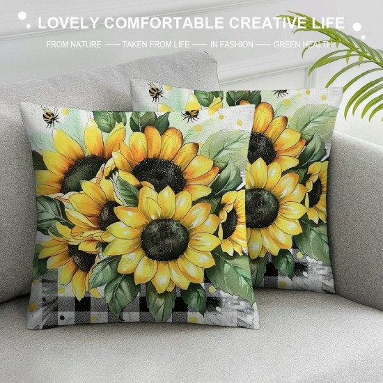 PHYHOO Sunflower Throw Pillow Covers , Pillow Covers, Farmhouse Yellow Floral Wild Botanical Black White Stripe Cushion Covers, Rustic Garden Plants Cushion Cases