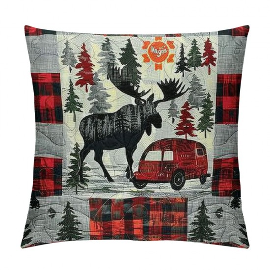 Camping Pillow Covers for Kids Adult,Red Grey Buffalo Plaid Check Throw Pillow Covers,Vintage Elk Cushion Cases, Camper Decorative Pillow Covers