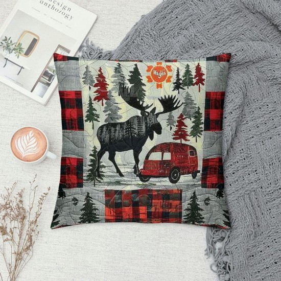 Camping Pillow Covers for Kids Adult,Red Grey Buffalo Plaid Check Throw Pillow Covers,Vintage Elk Cushion Cases, Camper Decorative Pillow Covers