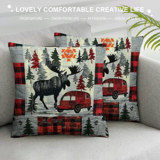 Camping Pillow Covers for Kids Adult,Red Grey Buffalo Plaid Check Throw Pillow Covers,Vintage Elk Cushion Cases, Camper Decorative Pillow Covers