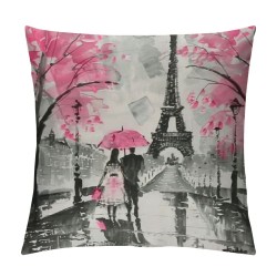 PHYHOO Paris Throw Pillow Covers, Eiffel Tower Pillow Covers For Home Bed Sofa Couch, Retro Paris Themed Cushion Covers Watercolor Cherry Blossoms Decorative Pillow Covers, Pink Grey