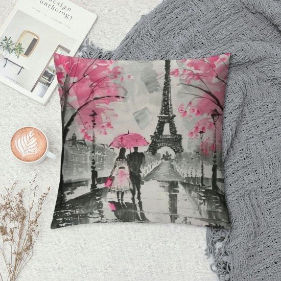 PHYHOO Paris Throw Pillow Covers, Eiffel Tower Pillow Covers For Home Bed Sofa Couch, Retro Paris Themed Cushion Covers Watercolor Cherry Blossoms Decorative Pillow Covers, Pink Grey