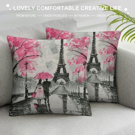 PHYHOO Paris Throw Pillow Covers, Eiffel Tower Pillow Covers For Home Bed Sofa Couch, Retro Paris Themed Cushion Covers Watercolor Cherry Blossoms Decorative Pillow Covers, Pink Grey