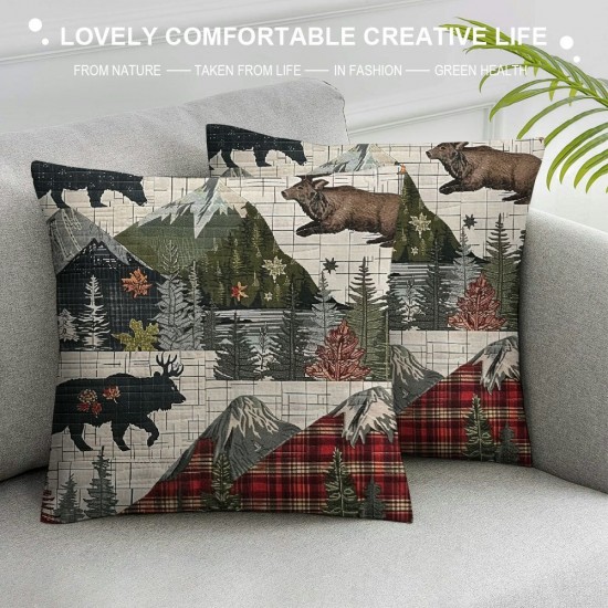 Rustic Throw Pillow Covers , Woodland Wolf Pillow Covers for Bed, Red Black Buffalo Plaid Cushion Covers, Camping Decorative Square Pillow Cases