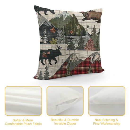 Rustic Throw Pillow Covers , Woodland Wolf Pillow Covers for Bed, Red Black Buffalo Plaid Cushion Covers, Camping Decorative Square Pillow Cases