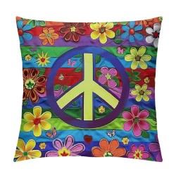 PHYHOO Boho Vintage Pillow Covers , Peace Sign Throw Pillow Covers, Flower Cushion Covers, Retro Stripes Decorative Square Pillow Cases Bedroom Decor