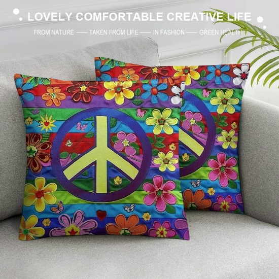 PHYHOO Boho Vintage Pillow Covers , Peace Sign Throw Pillow Covers, Flower Cushion Covers, Retro Stripes Decorative Square Pillow Cases Bedroom Decor