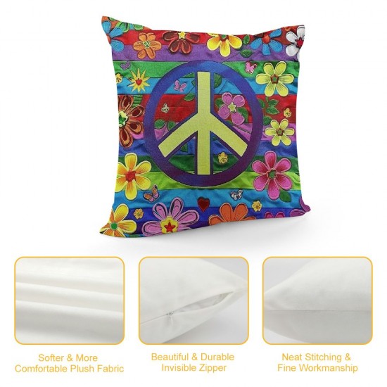 PHYHOO Boho Vintage Pillow Covers , Peace Sign Throw Pillow Covers, Flower Cushion Covers, Retro Stripes Decorative Square Pillow Cases Bedroom Decor