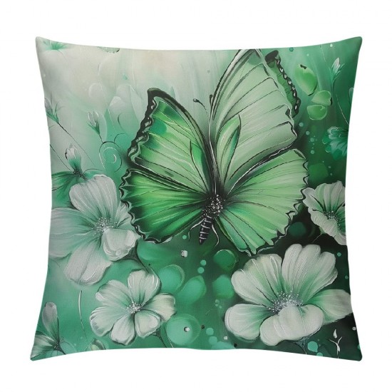 Butterfly Flowers Throw Pillow Cover Inch Vintage Floral Pillow Cover,Green Ombre Art Oil Painting Cushion Cover,Aesthetic Animal Flower Rustic Decorative Pillow Cover