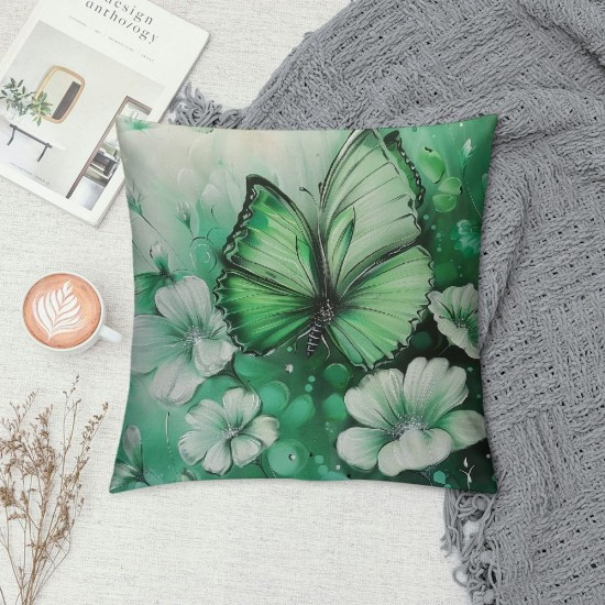 Butterfly Flowers Throw Pillow Cover Inch Vintage Floral Pillow Cover,Green Ombre Art Oil Painting Cushion Cover,Aesthetic Animal Flower Rustic Decorative Pillow Cover