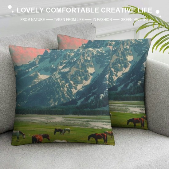 PHYHOO Throw Pillow Covers Cute Horses in Field Square Pillowcases for Home Decor Sofa Car Bedroom Green Grassland Towering Mountains Natural Scenery Print Pillow Cases