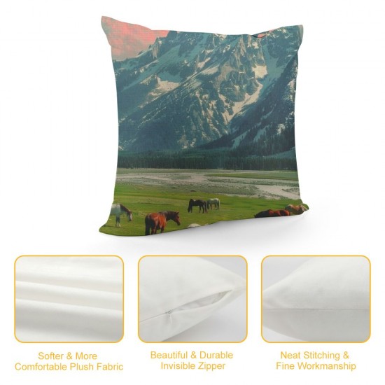 PHYHOO Throw Pillow Covers Cute Horses in Field Square Pillowcases for Home Decor Sofa Car Bedroom Green Grassland Towering Mountains Natural Scenery Print Pillow Cases