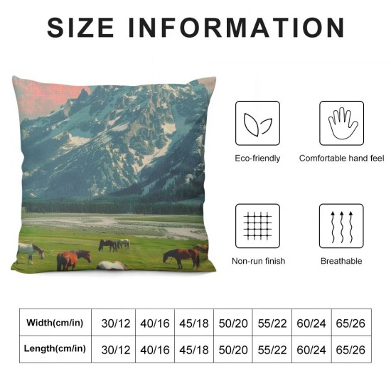 PHYHOO Throw Pillow Covers Cute Horses in Field Square Pillowcases for Home Decor Sofa Car Bedroom Green Grassland Towering Mountains Natural Scenery Print Pillow Cases