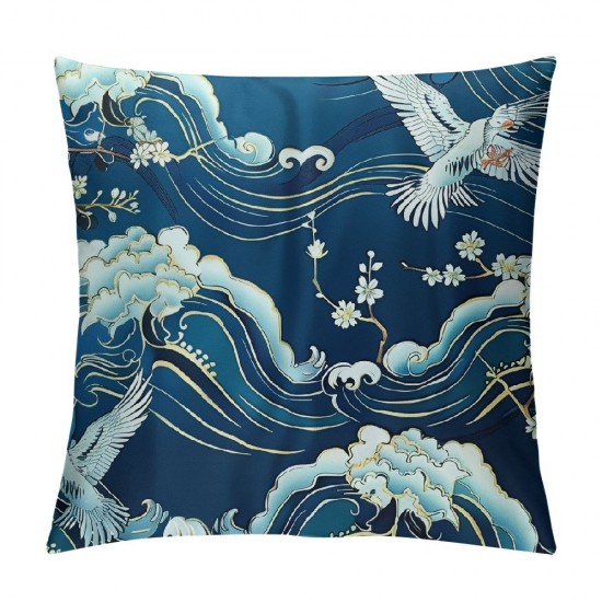 Throw Pillow Covers Crane Bird Blue Sea Wave Flowers Design Square Pillowcase for Home Decor Sofa Car Bedroom Pillow case