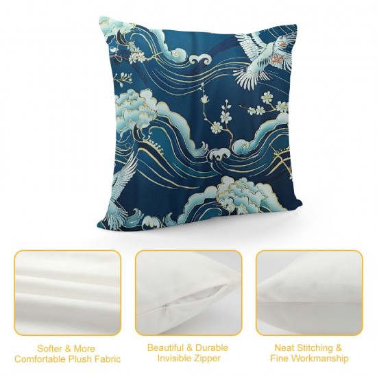 Throw Pillow Covers Crane Bird Blue Sea Wave Flowers Design Square Pillowcase for Home Decor Sofa Car Bedroom Pillow case