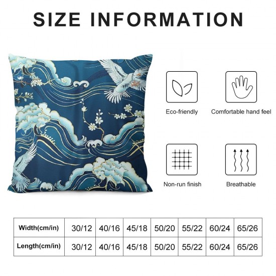 Throw Pillow Covers Crane Bird Blue Sea Wave Flowers Design Square Pillowcase for Home Decor Sofa Car Bedroom Pillow case