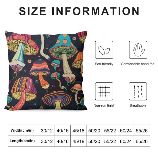 PHYHOO Abstract Colorful Mushrooms Throw Pillow Covers Black Background Wild Plant Art Seamless Pattern Square Pillowcases for Home Decor Sofa Car Bedroom Pillow case