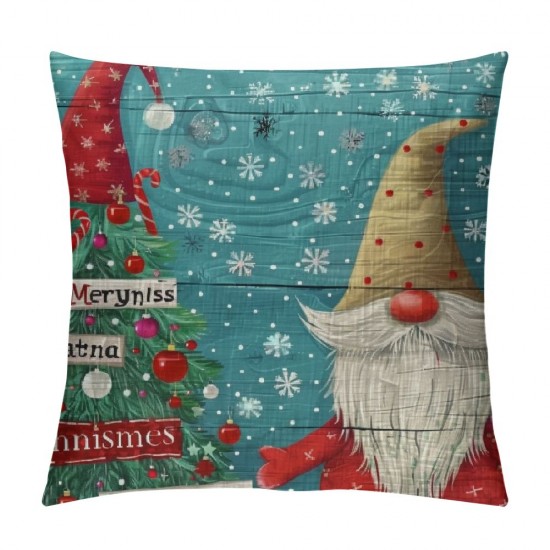 Throw Pillow Covers Merry Christmas Happy New Year Square Pillowcases for Home Decor Sofa Car Bedroom Gnomes in Santa Hat Rustic Farmhouse Plank Pillow Cases