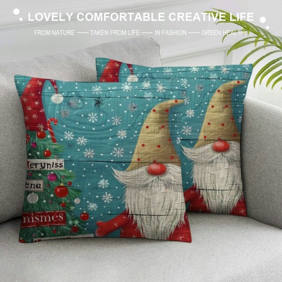 Throw Pillow Covers Merry Christmas Happy New Year Square Pillowcases for Home Decor Sofa Car Bedroom Gnomes in Santa Hat Rustic Farmhouse Plank Pillow Cases