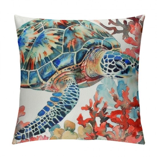 Throw Pillow Covers Cute Swimming Sea Turtle Square Pillowcases for Home Decor Sofa Car Bedroom Colorful Ocean Coral Painting Pillow Cases