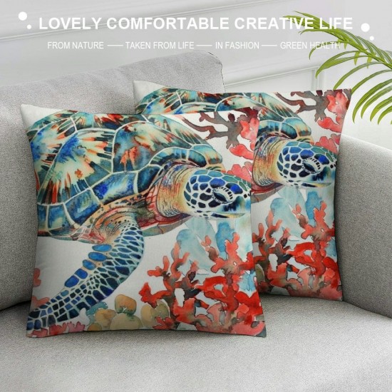 Throw Pillow Covers Cute Swimming Sea Turtle Square Pillowcases for Home Decor Sofa Car Bedroom Colorful Ocean Coral Painting Pillow Cases