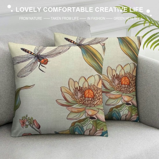 Throw Pillow Covers Beautiful Lotus Flower Square Pillowcases for Home Decor Sofa Car Bedroom Flying Dragonfly Lake Landscape Design Pillow Cases