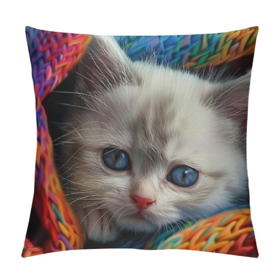 Throw Pillow Covers Cute White Cat Kitten Pet Animal Design Square Pillowcases for Home Decor Sofa Car Bedroom Pillow Cases