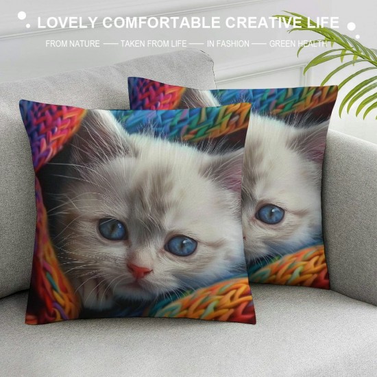 Throw Pillow Covers Cute White Cat Kitten Pet Animal Design Square Pillowcases for Home Decor Sofa Car Bedroom Pillow Cases