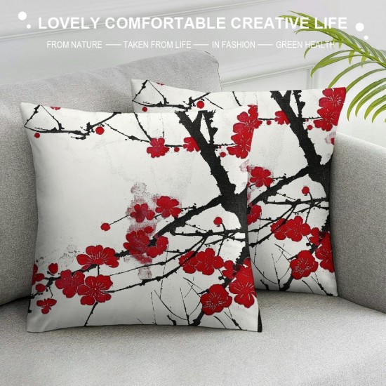 PHYHOO Throw Pillow Covers Cherry Blossom Flower Red Square Pillowcase for Home Decor Sofa Car Bedroom Pillow case