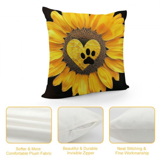 PHYHOO Throw Pillow Covers Cute Dog Paw Print Love Yellow Sunflower Design Square Pillowcase for Home Decor Sofa Car Bedroom Pillow case