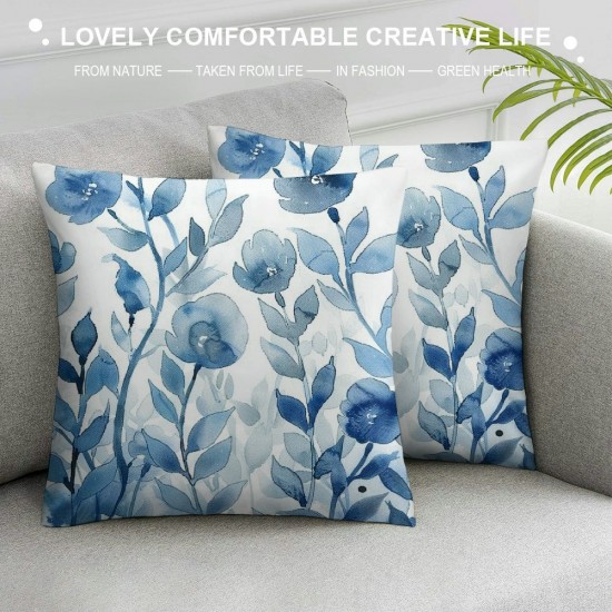 Watercolor Throw Pillow Covers Blue Watercolor and Flowers Art Painting Square Pillowcases for Home Decor Sofa Car Bedroom Pillow case