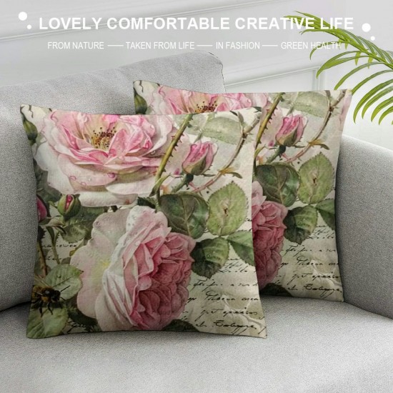 PHYHOO Pink Blooming Romantic Roses Throw Pillow Covers Vintage Natural Flower Bouquet Art Design Square Pillowcases for Home Decor Sofa Car Bedroom Pillow case