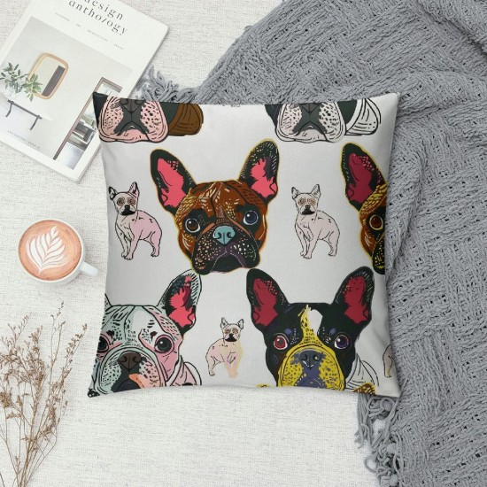 PHYHOO Throw Pillow Covers Cute French Bulldog Square Pillowcases for Home Decor Sofa Car Bedroom Cartoon Animal Heads with Abstract Texture Art Painting Pillow Cases