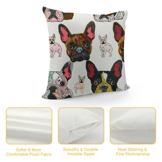 PHYHOO Throw Pillow Covers Cute French Bulldog Square Pillowcases for Home Decor Sofa Car Bedroom Cartoon Animal Heads with Abstract Texture Art Painting Pillow Cases