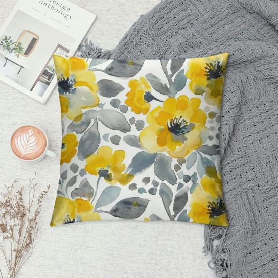 Watercolor Throw Pillow Covers Yellow Gray Beautiful Flowers Leaves Square Pillowcases for Home Decor Sofa Car Bedroom Pillow case