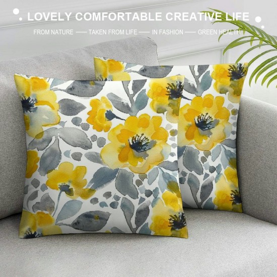 Watercolor Throw Pillow Covers Yellow Gray Beautiful Flowers Leaves Square Pillowcases for Home Decor Sofa Car Bedroom Pillow case