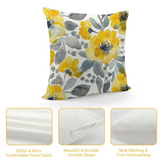 Watercolor Throw Pillow Covers Yellow Gray Beautiful Flowers Leaves Square Pillowcases for Home Decor Sofa Car Bedroom Pillow case