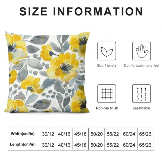 Watercolor Throw Pillow Covers Yellow Gray Beautiful Flowers Leaves Square Pillowcases for Home Decor Sofa Car Bedroom Pillow case