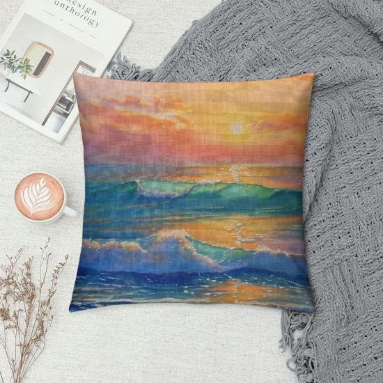 Landscape Blue Waves Beach Sunset Pillowcases Nature Ocean Seaside Oil Painting Pillow Case Decorative Throw Pillow Cover for Home Sofa Office