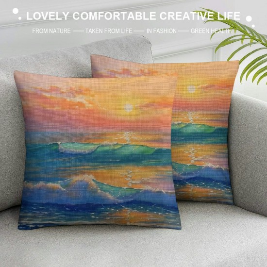 Landscape Blue Waves Beach Sunset Pillowcases Nature Ocean Seaside Oil Painting Pillow Case Decorative Throw Pillow Cover for Home Sofa Office